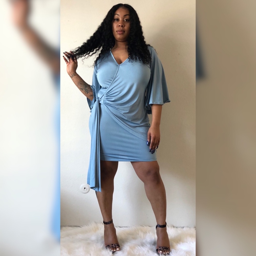 Plus! Misty Blue Flutter Sleeve Wrap Dress